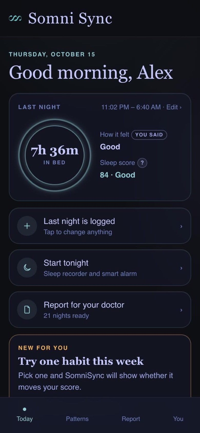 Dashboard with last night’s score and the week