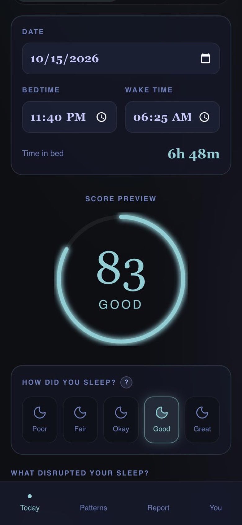 The morning log with a sleep score preview