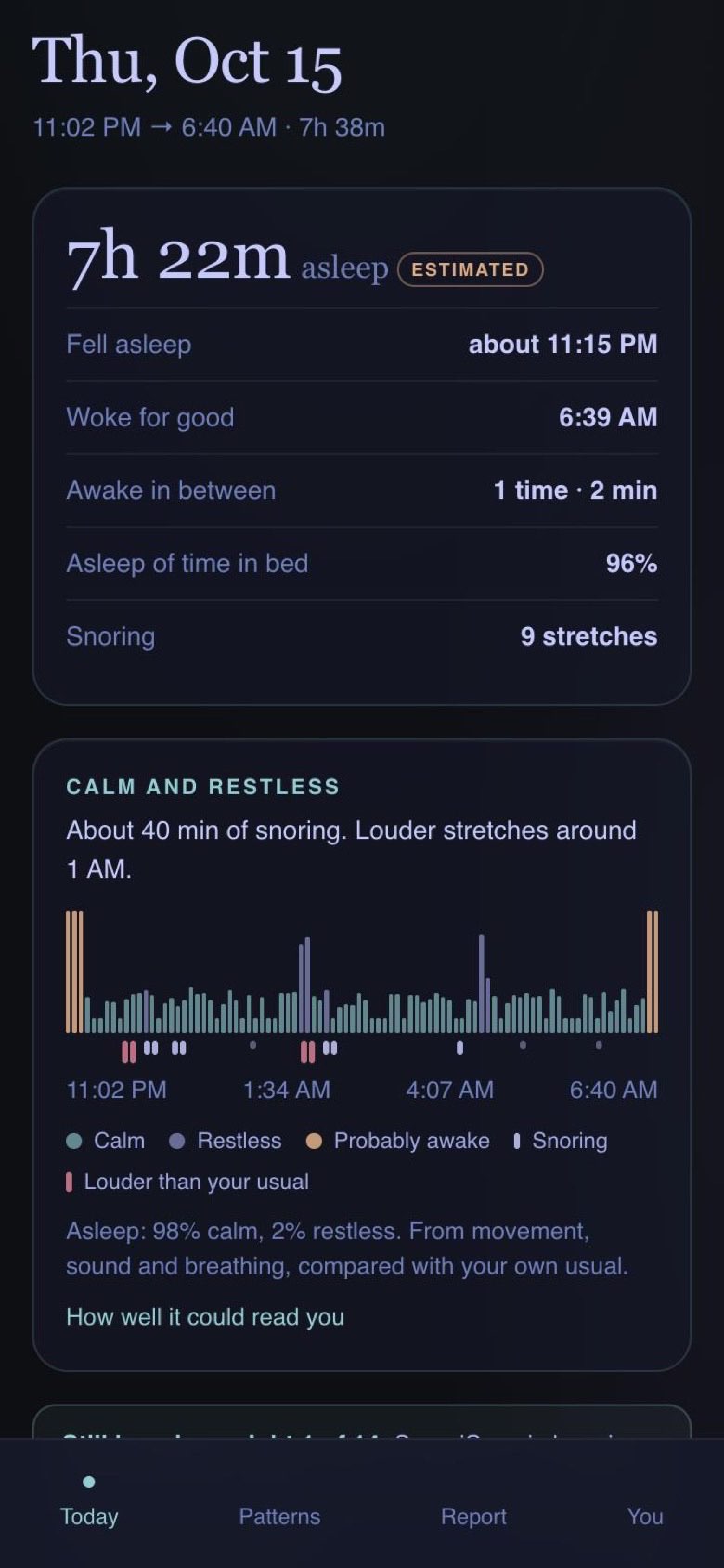 Sleep session with calm, restless and snoring